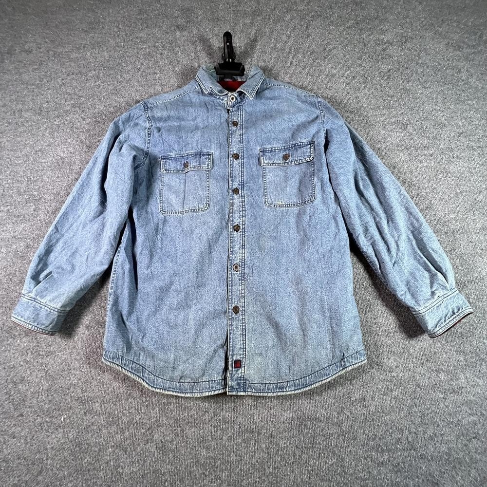 Woolrich Shacket Jacket Men's L Blue Cotton Denim Trucker Fleece Lined Winter